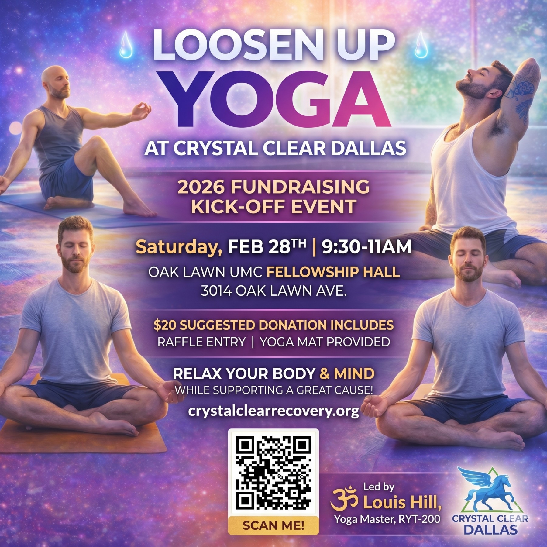 Louis Hill Jr. teaching at Crystal Clear Dallas recovery yoga event