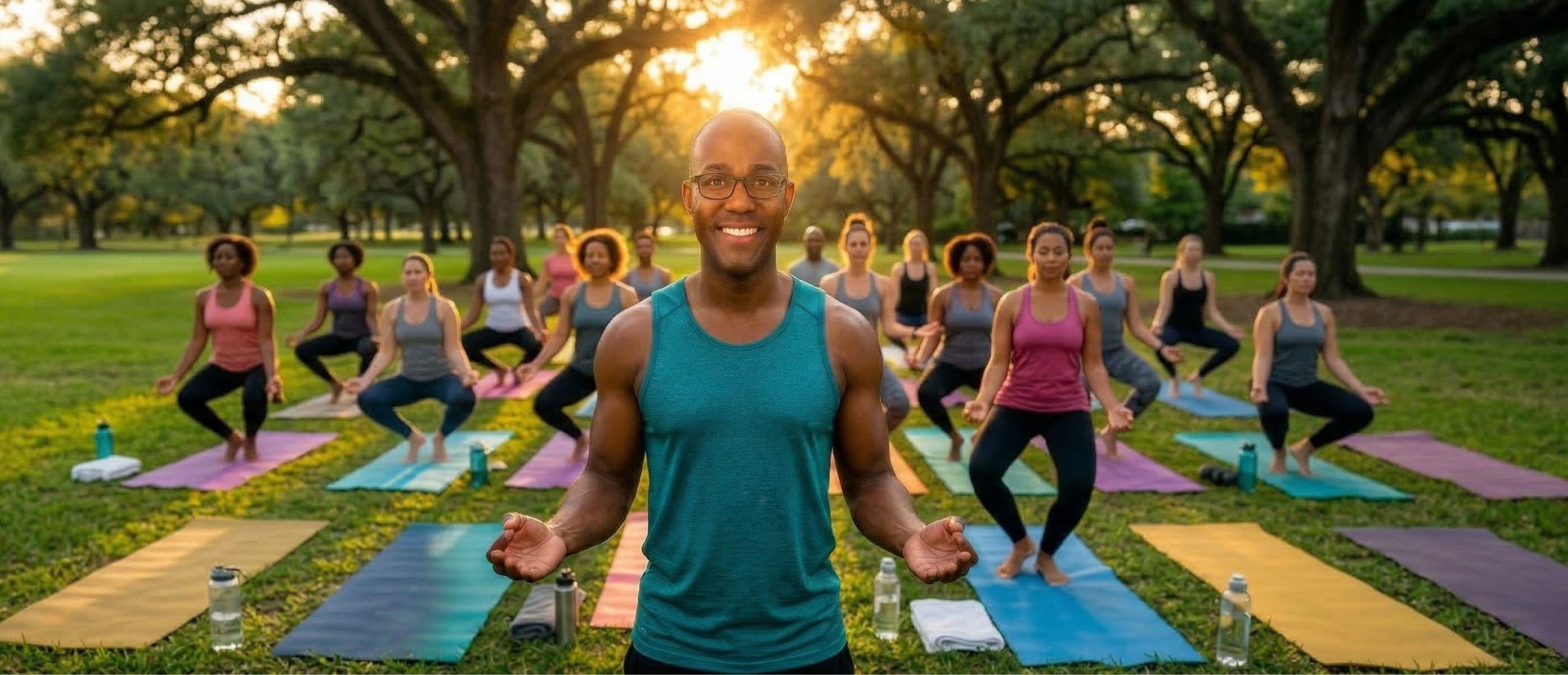 Louis Hill Jr. leading outdoor yoga class in the park